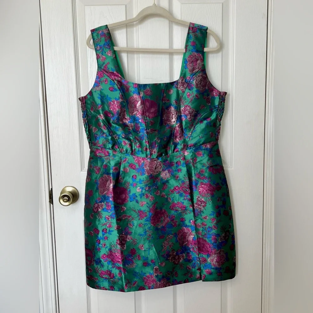 Lulus Compelling Drama Green Floral Jacquard Lurex Bustier Mini Dress - Size XL - Picture 2 of 7